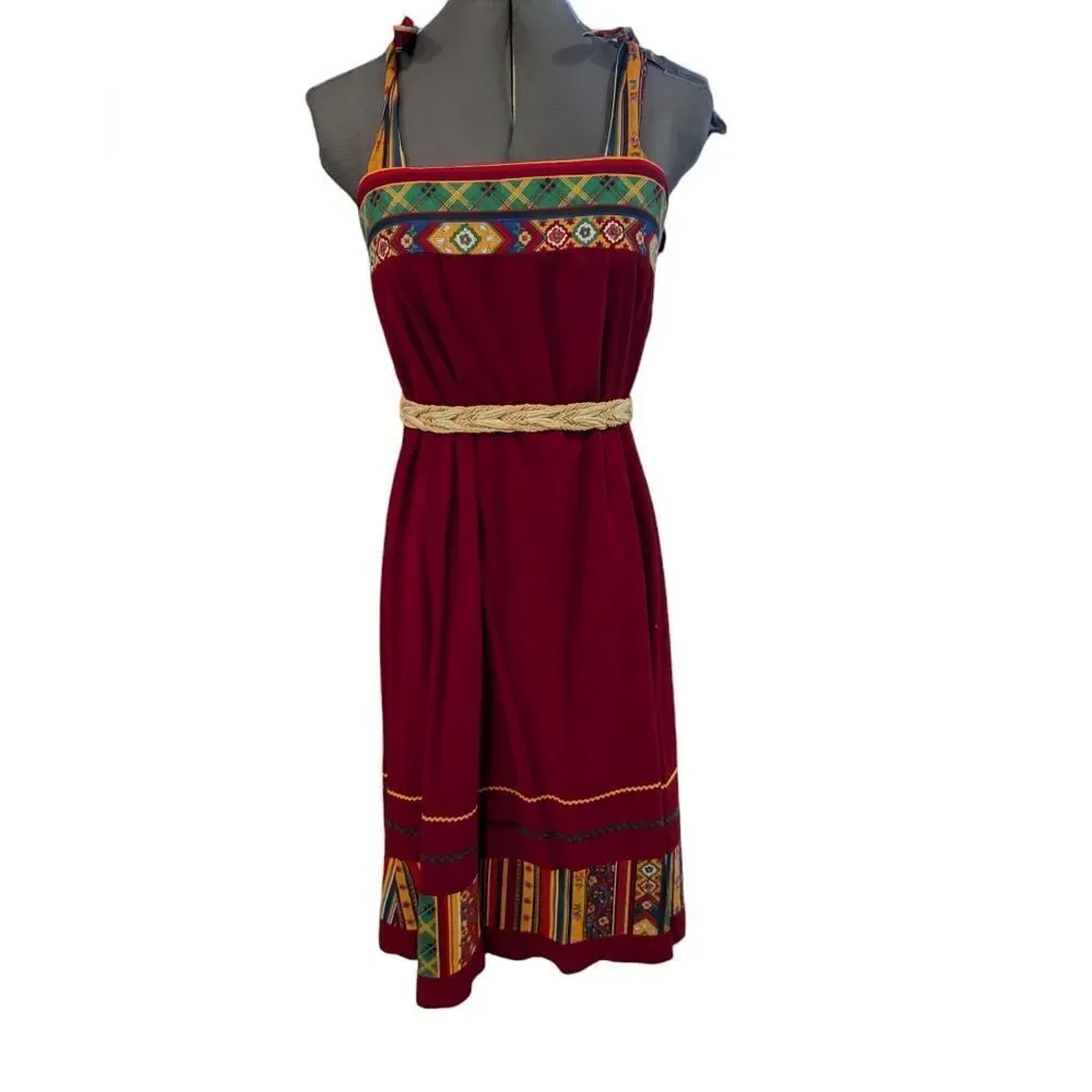 Boho 70s vintage patchwork red floral striped dress women's size large - Picture 4 of 11